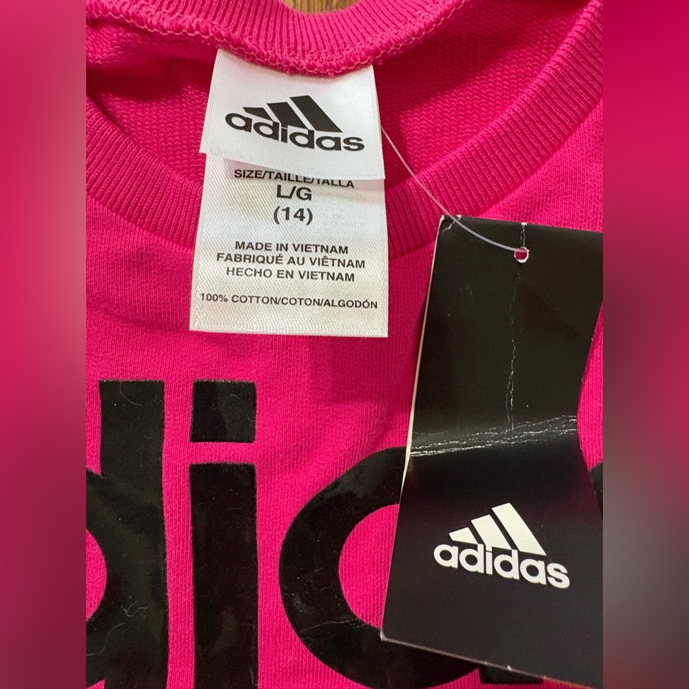 Adidas NWT Girls Size LG. (14)Hot Pink Logo Sweatshirt - Picture 3 of 5